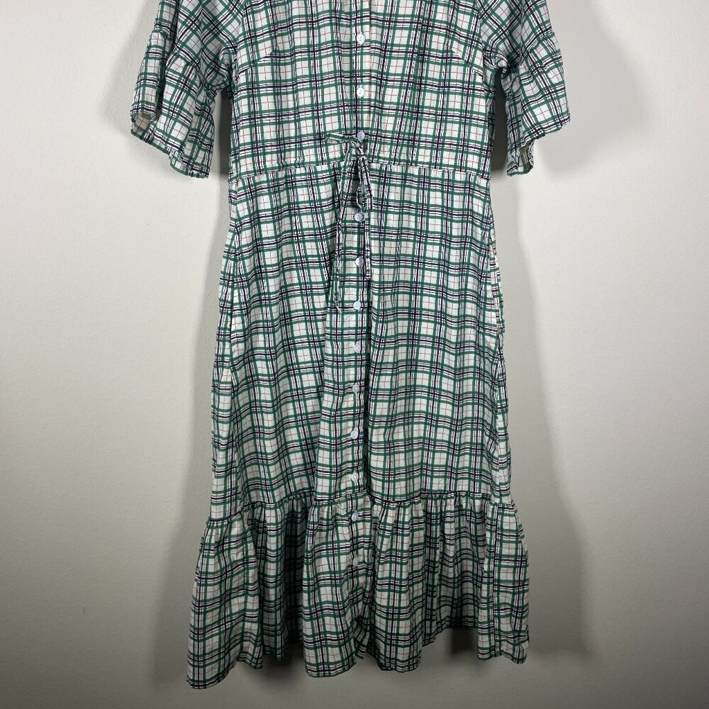 Olivia James the Label Women Short Bell Sleeve Plaid Green Button Front Dress Sm - Picture 2 of 6